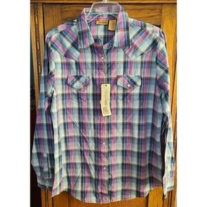 Wrangler Western Shirt Long Sleeve Pearl‎ Snap Women's Pink Blue Large Plaid NWT